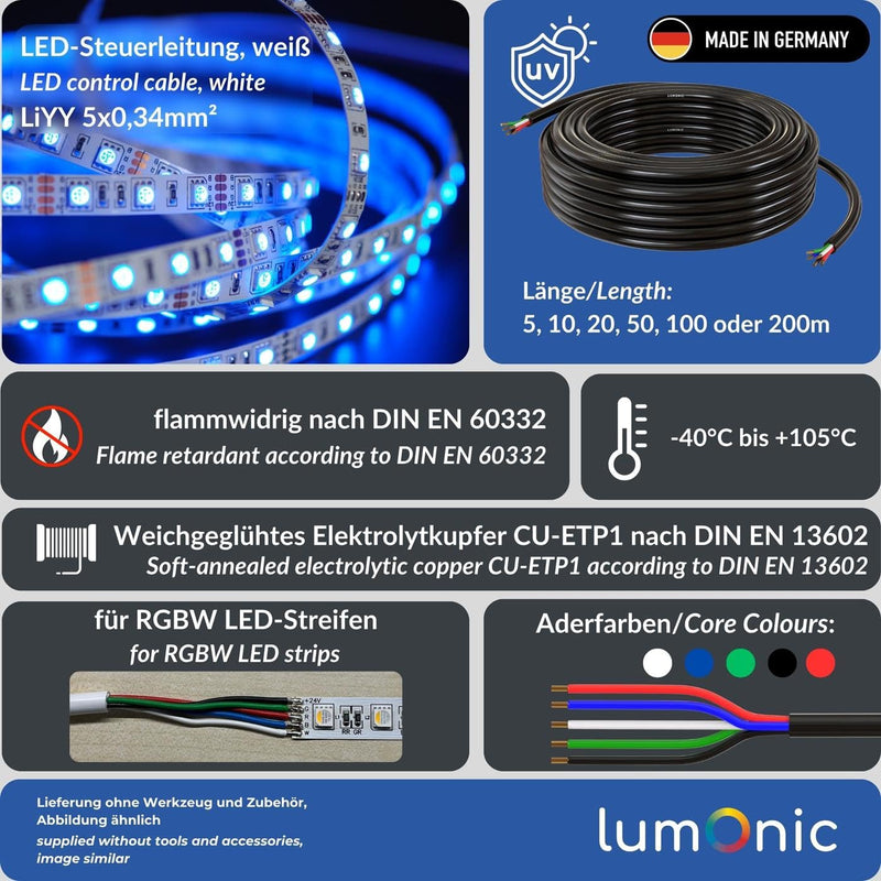 10 m Lumonic 5 x 0.34 mm² LED Control Cable Black 1 m I Sheathed 5-Core Cable Flexible I LiYY Extension, Power Cable, LED Cable, Control Cable 10m / 10 Compteur RGBW (5-wire)
