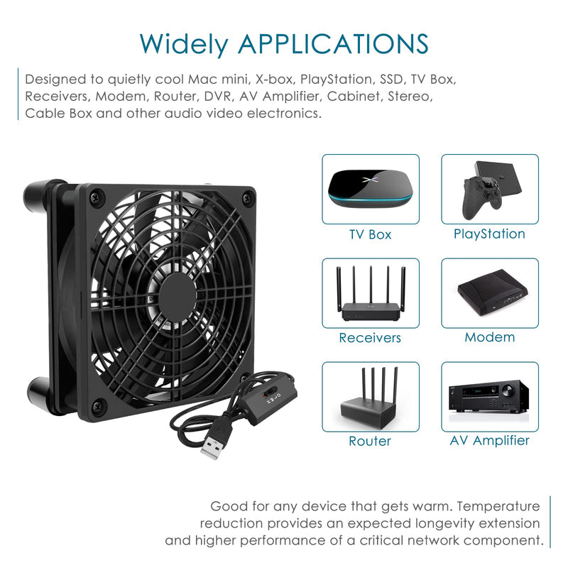 Qirssyn 120mm 5V USB Fan with Multi Speed Controller for Router Modem Receiver DVR Xbox TV Box T-Mobile Home Internet Gateway SSD Cooling 1225USB-A1