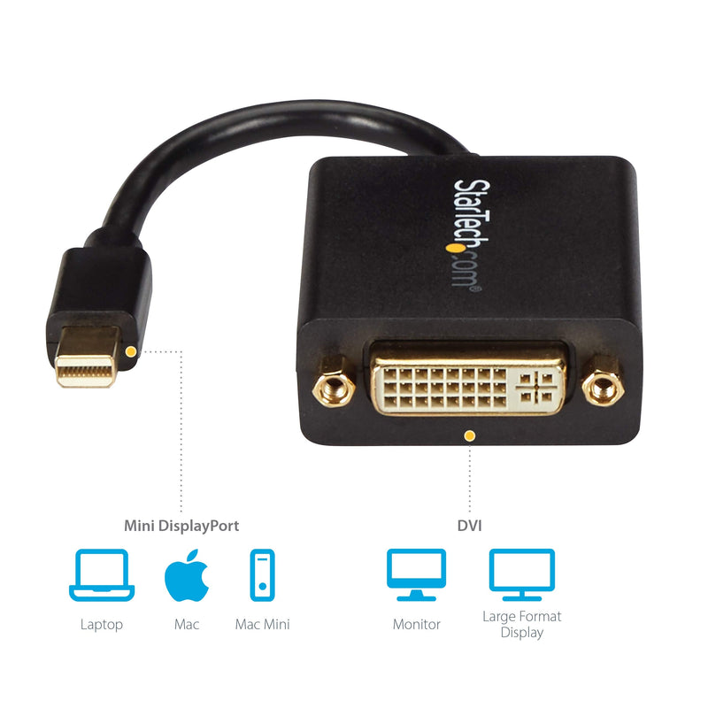 StarTech.com Mini DisplayPort to DVI Adapter - Mini DP to DVI-D Converter - 1080p Video - VESA Certified - mDP or Thunderbolt 1/2 Mac/PC to DVI Monitor - mDP 1.2 to DVI Single-Link Dongle (MDP2DVI) Black