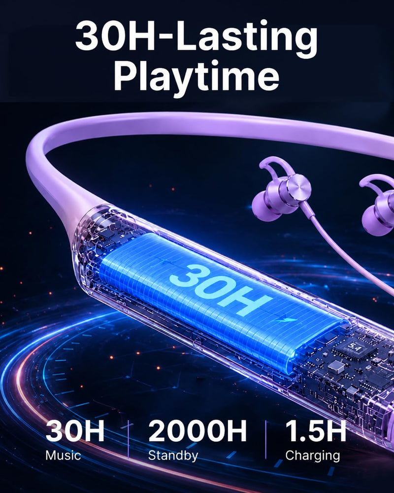 INDIVISO Bluetooth 5.4 Neckband Earbuds, Wireless Sports Headphones with Mic, 30H Playtime, IPX5 Sweatproof, Deep Bass, Fast Pairing for Running Gym Workout Commute (Purple) Purple