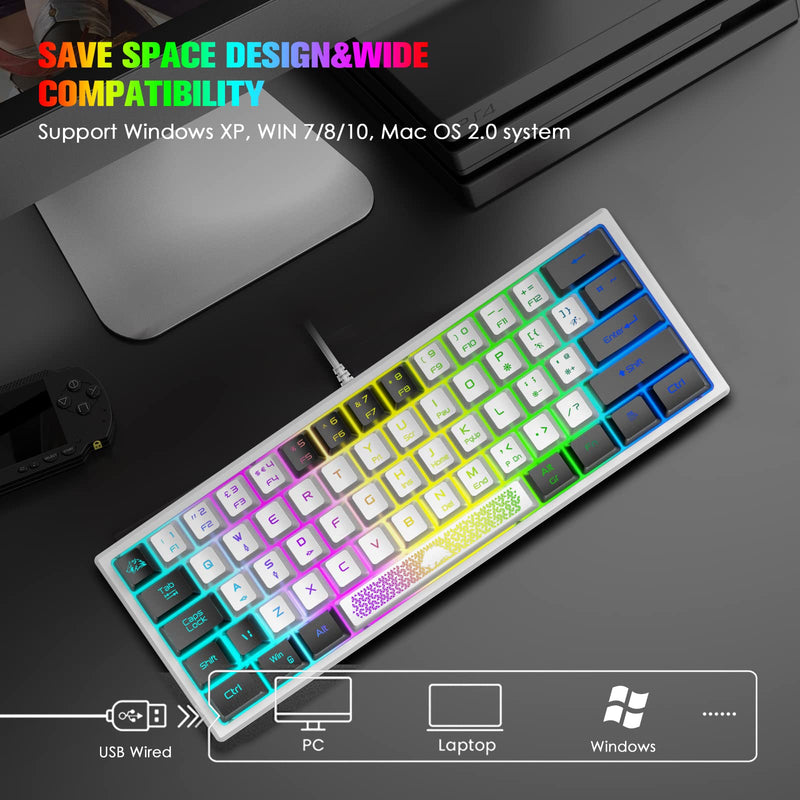 ZIYOU LANG K61 60% Gaming Keyboard Mini Portable with Rainbow RGB Backlit Compact Ergonomic 62Key Layout Anti-ghosting Mechanical Waterproof Wired for PC Mac Windows Gamer Laptop Typists(White+Black) White+Black