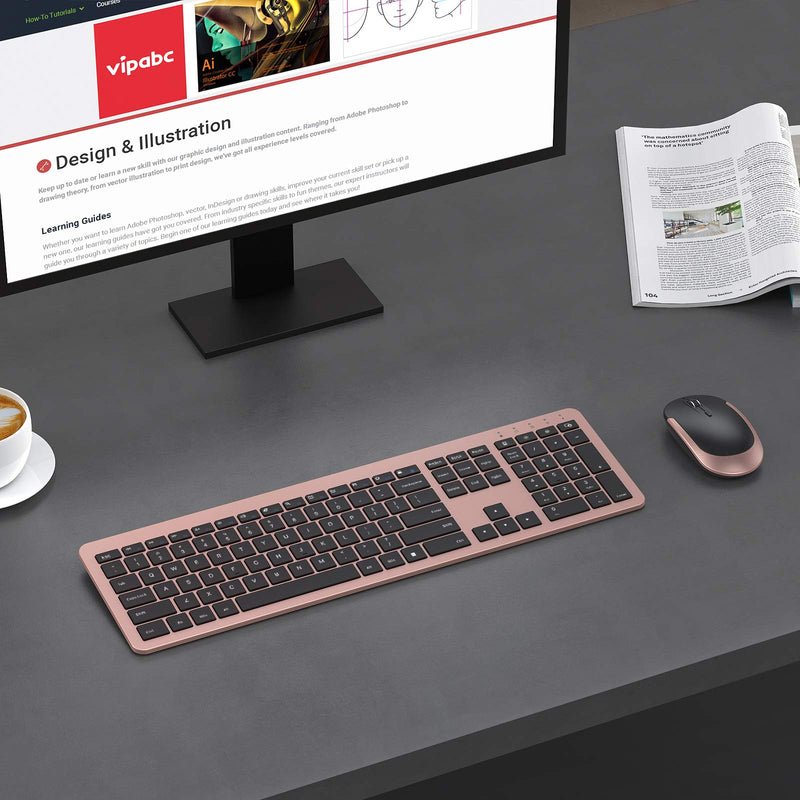 seenda Rechargeable Wireless Keyboard Mouse Combo Full Size Cordless Keyboard & Mouse Sets with Build-in Lithium Battery Ultra Thin Quiet Keyboard Mice (Black and Rose Gold) Black and Rose Gold