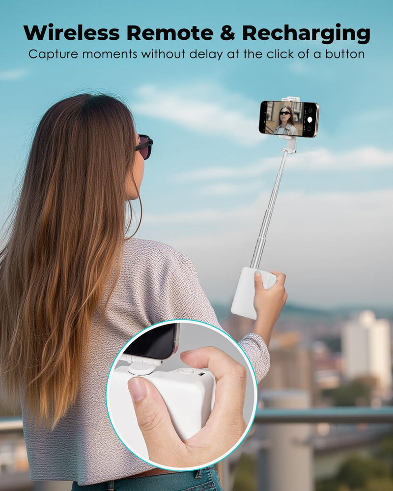 Viozon Foldable Phone Selfie Stick,360° Rotatable Phone Holder with Aluminum Alloy Telescopic Tube,Wireless Connection & One-Click Shooting for Vlog/Live Streaming/Video Recording/Outdoor Photography White