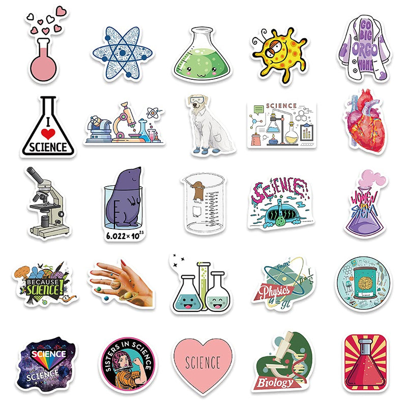 Aowplc 100 Pcs Natural Sciences Stickers Pack, Physics, Chemistry, Biology Experiment Vinyl Stickers, Student Science Laboratory Decals for Laptop, Water Bottle, Notebook, Luggage, Computer Decor