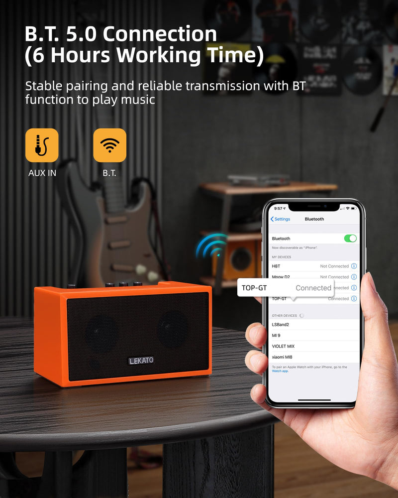 LEKATO Mini Guitar Amplifier with Clean Overdrive Effects 5W Rchargeable Electric Guitar Amp Small Bass Amplifier Bluetooth Bass Amplifier for Daily Practice,Orange Orange