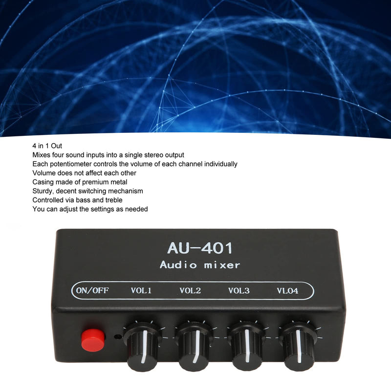 Audio Mixer, 4 in 1 Out Independent Volume Control 3.5mm Stereo Socket 2x Amplification Line Mixer Anti Interference Metal Housing Mini Audio Mixer for PC, Cell Phones, Laptops