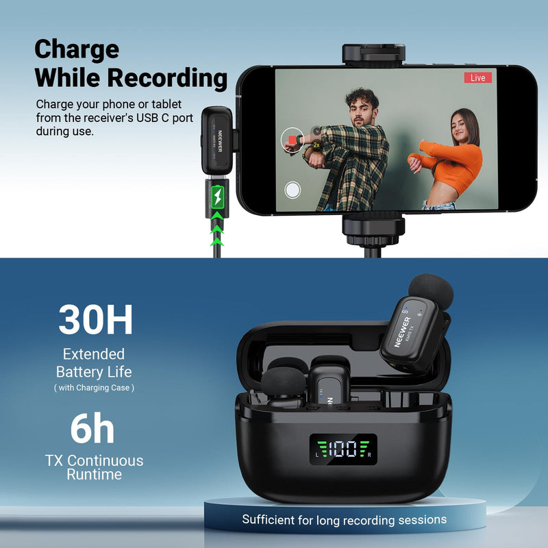 [AUSTRALIA] - NEEWER KM19 Lightweight Wireless Lapel Microphone, 48kHz/24bit 30H Battery 3-Level Noise Cancelling Mute Stereo 100m Range Mini Lav Mic with App Control, Compatible with iPhone Android Phone PC 