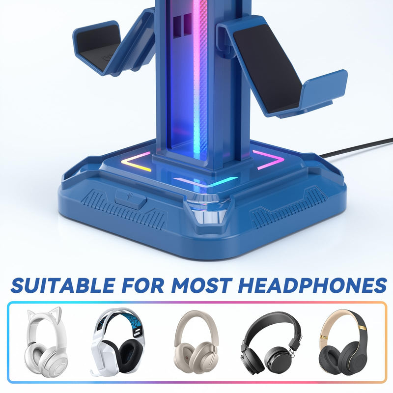 KDD RGB Headset Stand with 9 Light Modes - Controller Holder for Desk - Rotatable Headphone Stand & Detachable Controller Hook for PC Earphone Accessories(Blue) Blue