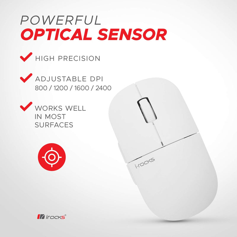 i-Rocks M23R 2.4G Wireless Silent Slim Mouse, Optical Mice with USB Nano Receiver, Adjustable DPI Levels for PC, Notebook, Computer, Laptop, Desktop, Ergonomic Design - White