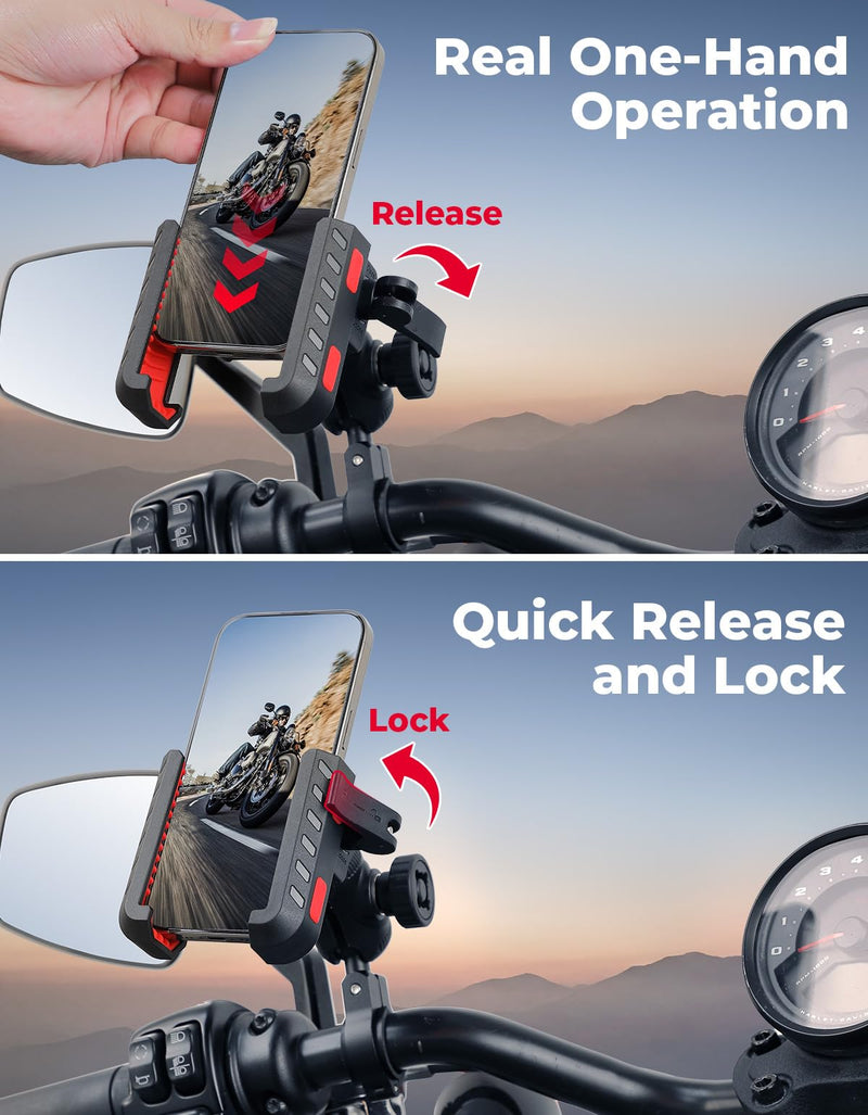 KEMIMOTO Motorcycle Phone Mount with Anti-Theft, Anti-Vibration Dampener | One-Hand Operation 360° Adjustable Mount for Motorcycle Bike ATV Scooter Golf Cart Fit 4.7"-7.2" Cellphone