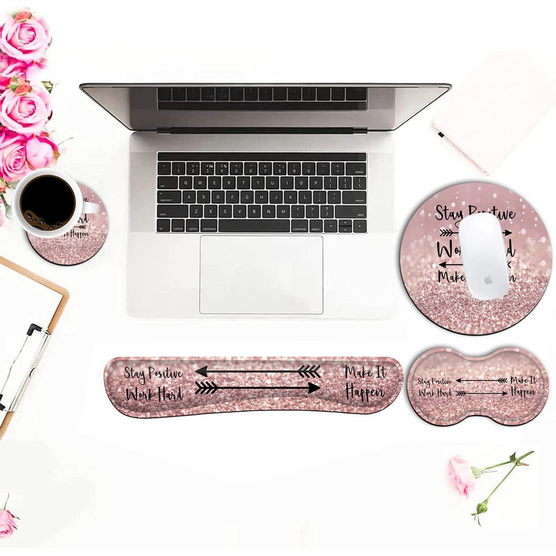 Ergonomic Mouse Pad with Wrist Support Set and Keyboard Wrist Rest Set for Laptop, Gaming and Office, Comfortable and Pain Relief + Coaster ，Stay Positive Work Hard and Make It Happen Pink Glitter Yu-mouse Pad-ba4