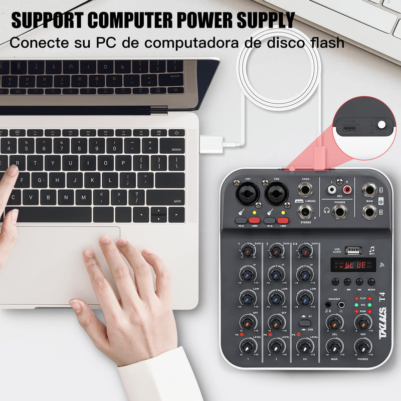 [AUSTRALIA] - Professional Audio Mixer, TKLBLS 4-Channel Unpowered Mixing Console with USB/Bluetooth Playback, 48V Phantom Power, REC Output, MP3 Player, Digital Delay Effects, for Streaming, Studio, Karaoke T4 