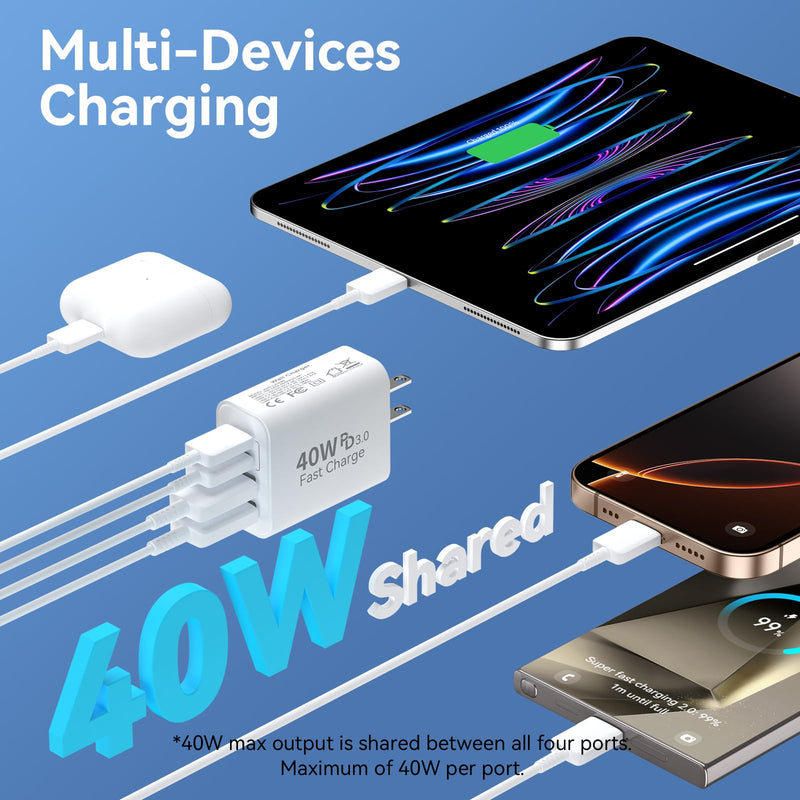 USB C Charger Block, 2Pack 40W 4 Ports Type C Charger Fast Phone Charging Cubes PD USBC Wall Plug+QC 3.0 USB A Charger Power Brick Box for iPhone 16/15/14/13/12/11 Pro Max, iPad,Samsung Galaxy,Pixel White