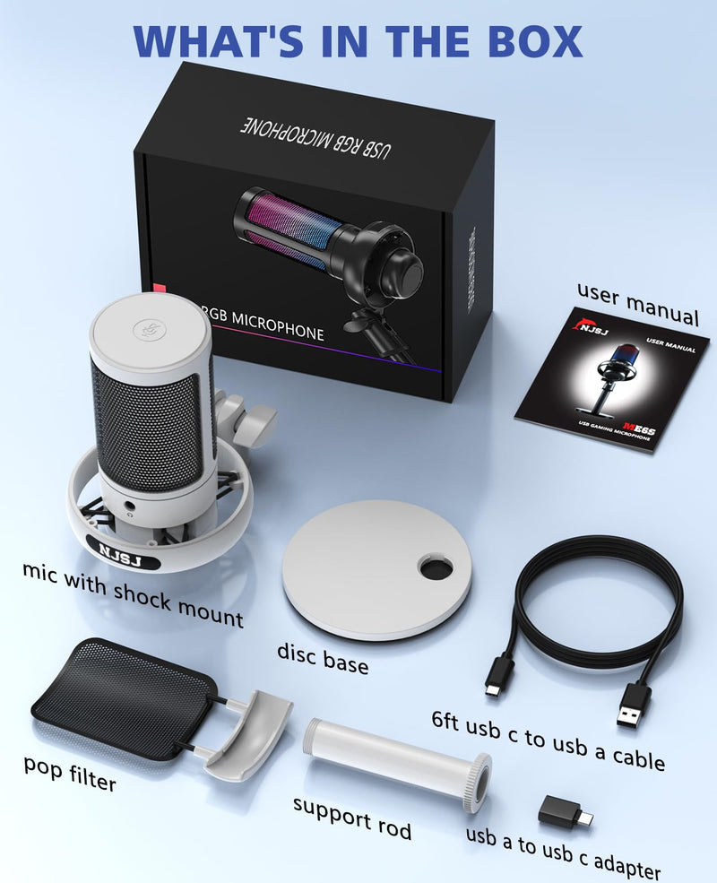 [AUSTRALIA] - NJSJ USB Microphone for PC, Gaming Mic for PS4/ PS5/ Mac/Phone,Condenser Microphone with Touch Mute, RGB Lighting,Gain knob & Monitoring Jack for Streaming,Podcasting (with Desktop Stand, White) With desktop stand 