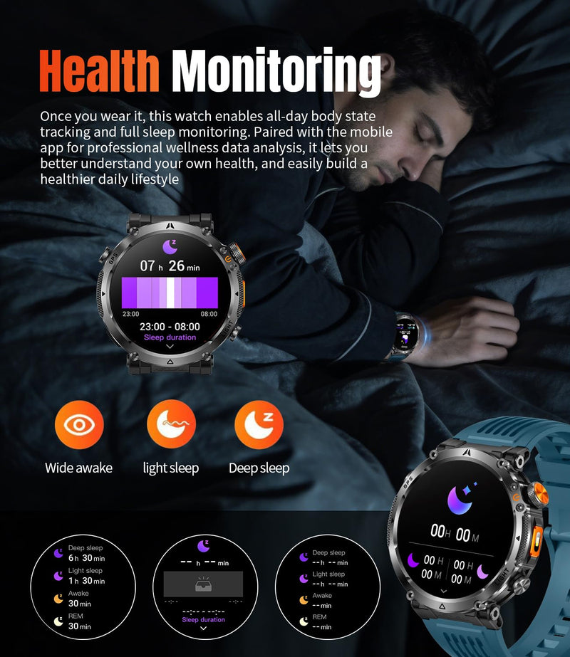 Military Smartwatch for Men with GPS, 850nAh, 1.7-Inch HD Outdoor Watch | 3ATM Waterproof, Answer/Make Call, with LED Flashlight / 100+ Sports Modes / Fitness Tracker, Compatible with Android & iOS Blue tape