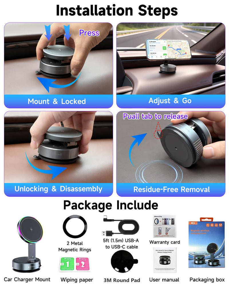 for Magsafe Car Mount Charger 15W Fast Charging Wireless Car Charger Holder | [120LBS Suction &3800gf Magnet] 780° Adjustable, Vacuum Magnetic Phone Holder for Your Car for iPhone & Android, Metal Stand