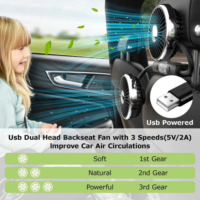 Dual-Head USB Car Fan for Backseat | LED Light