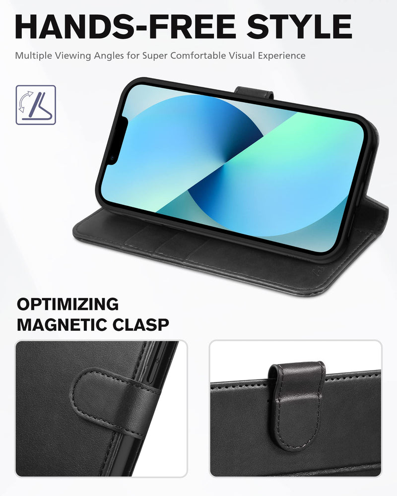 TUCCH Case for iPhone 13 Wallet Case, PU Leather Flip Folio Case with [Shockproof TPU Inner Shell], RFID Blocking Card Holder Kickstand Phone Cover Compatible with iPhone 13 6.1-inch 2021, Black