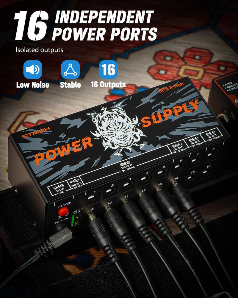 [AUSTRALIA] - STRICH SPS X-Hub Guitar Pedal Power Supply for 9V/12V/18V, 100mA - 300mA Effects Pedals, 16 Independent Outputs, Short-circuit protection and noiseless, 5V 1A USB Port Supports Mobile Devices, Tablets 