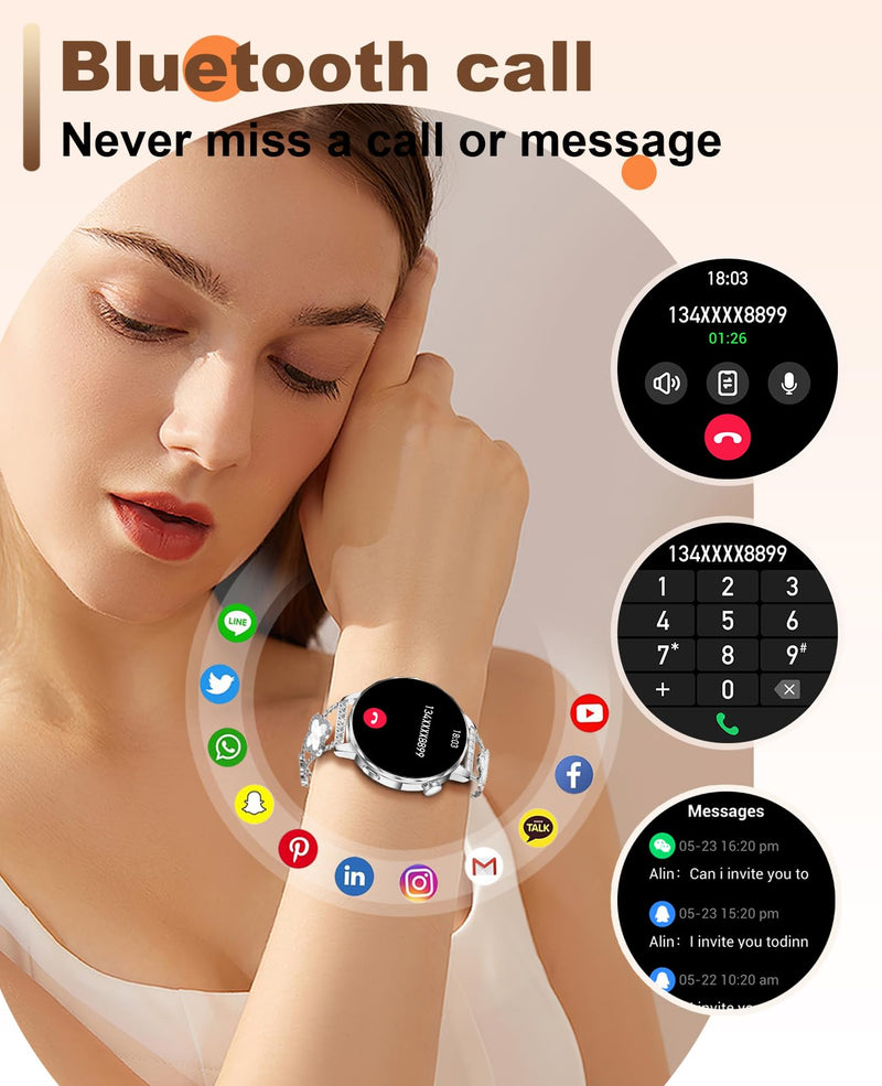 Smart Watch for Women 1.27" HD Touch Screen Fitness Watch,Bluetooth Call&Message Notifications Heart Rate/Sleep Monitor Smartwatch, IP68 Waterproof 100+ Sport Modes (Silver RT-220) Silver RT-220