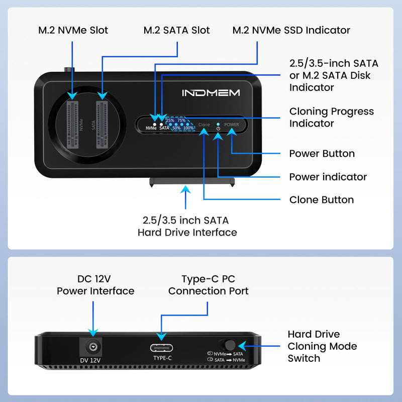 M.2 NVMe to 2.5'' 3.5'' Offline Clone Enclosure, SATA SSD to NVMe SSD Enclosure Adapter Cloner, 10Gbps Standalone Clone Duplicator
