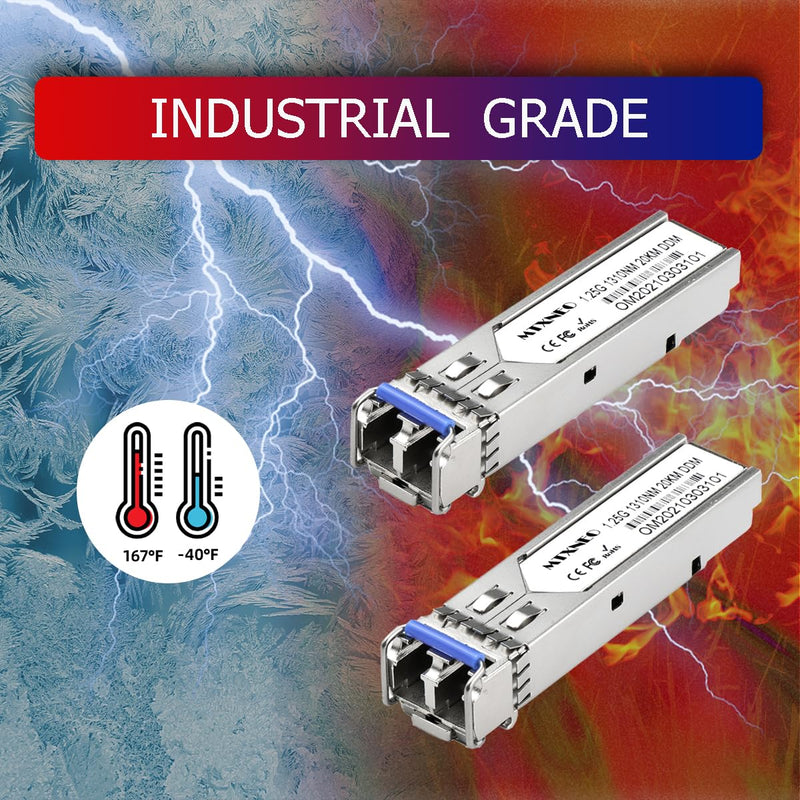 2 Pack 1.25G SMF 1310nm 20km SFP LC Industrial Module 1000Base-LX/LH Fiber Transceiver Compatible for Cisco GLC-LH-SMD, Meraki, Ubiquit, Mikrotik and More with Working Temperature -40 to 167 ºF