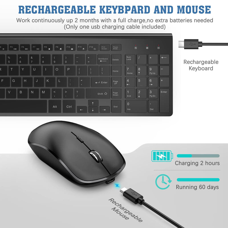 Rechargeable Wireless Keyboard and Mouse Combo- J JOYACCESS 2.4G Compact Quiet Slim Wireless Keyboard Mouse Combo for Laptop,PC,Desktop,Computer,Windows- Black Pure Black
