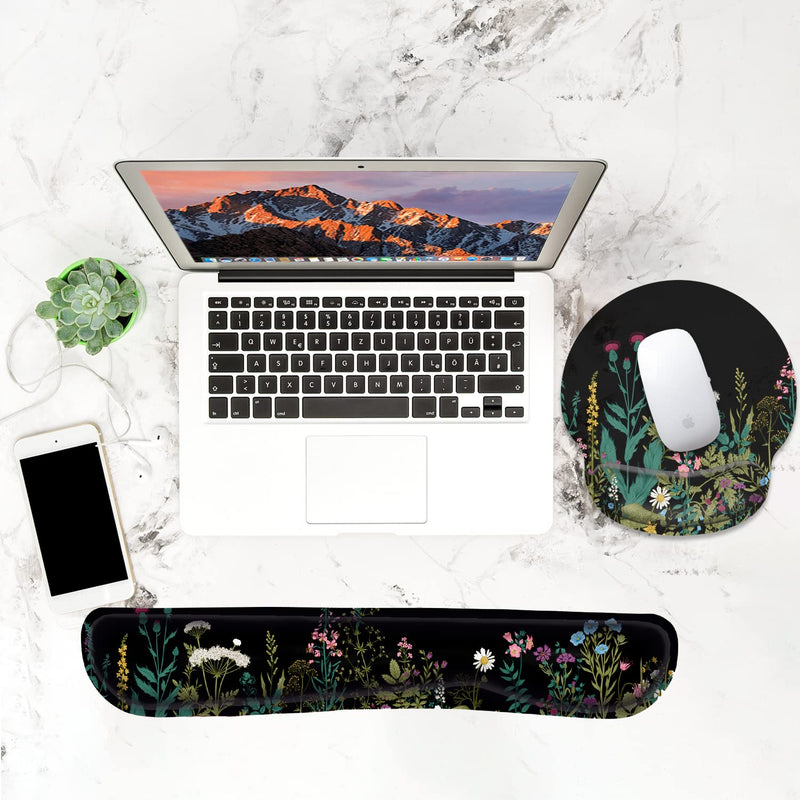 Ergonomic Mouse Pad Wrist Support and Keyboard Wrist Rest, Mousepad with Wrist Rest, Memory Foam Keyboard Pad, Easy Typing, Pain Relief, Perfect for Gaming, Computer, Laptop,Office, Garden Flowers