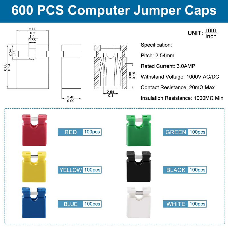 VooGenzek 600 Pieces 6 Colours 2.54 mm Computer Jumper Caps Shunts Short Circuit Cap, 2.54 mm Short Circuit Jumper Caps, Jumper Caps for PCB, 2-Terminal Open Top Jumper Cap, for Arduino PCB