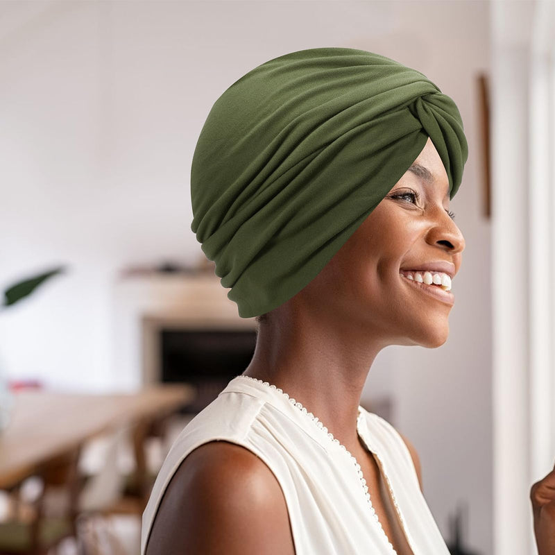[AUSTRALIA] - XEPST 4 Pieces Turbans for Women, Soft Pre Tied Knot Turban Head Wraps Chemo Headwear Pleated Beanie Cap Sleep Hat One Size Black, Grey, Yellow, Green 
