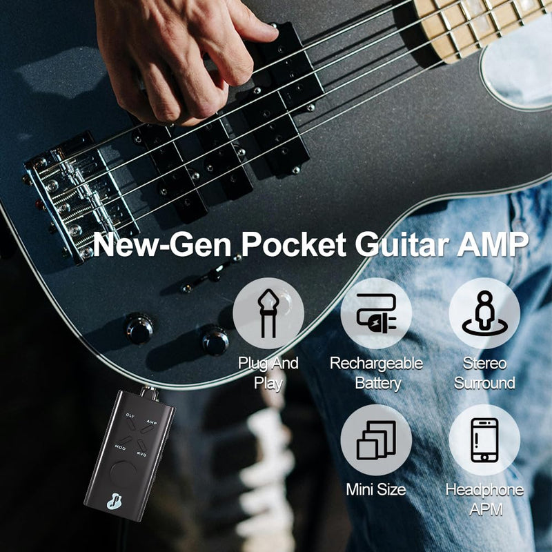 Guitar Headphone Amp, Mini Guitar Headphone Amplifier USB Rechargable Portable Pocket Guitar Amplifier with 24 Guitar Effects (Black) Black