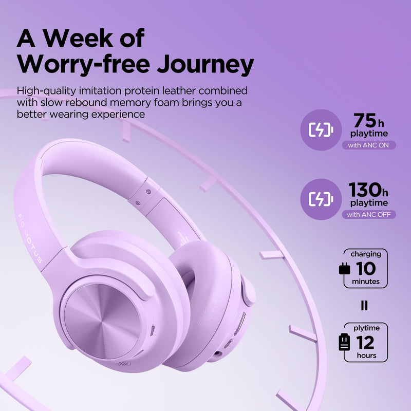 Hybrid Active Noise Cancelling Headphones 130H Wireless Over Ear Headphones | Bluetooth, Hi-Res Sound, Deep Bass, Spatial Audio, Dual Connection, Custom EQ via App, Comfortable Fit for Travel Home Office Purple