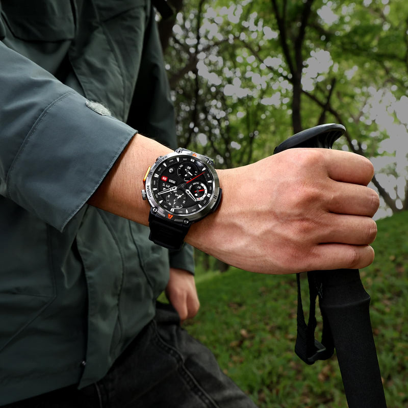 Military Smart Watches for Men Built-in GPS 3ATM Waterproof LED Flashlight | 1.45" Rugged Tactical Smartwatch with Compass/110+ Sports Modes Fitness Tracker with HR/SPO2/Sleep Monitor for iPhone Android Black orange