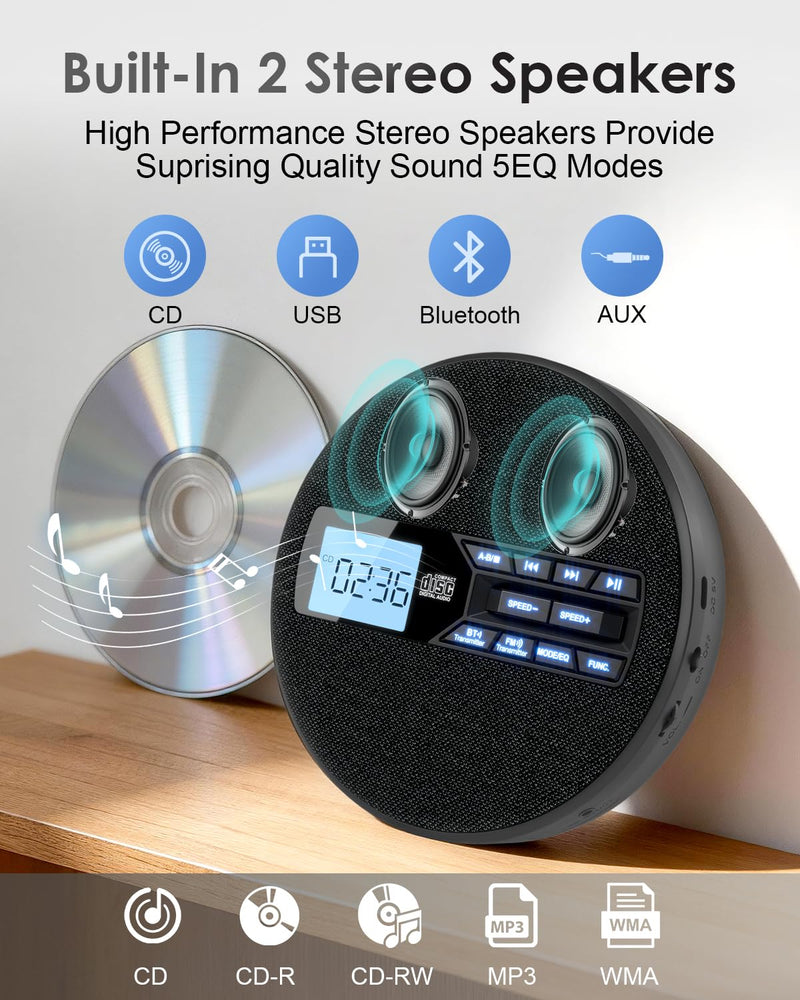 [AUSTRALIA] - Portable CD Player for Car with FM Transmitter, Rechargeable Small CD Player with Bluetooth & Dual Speakers for Home, Anti-Skip, Resume Playback, AUX/USB, Backlit LCD Display, Headphones 