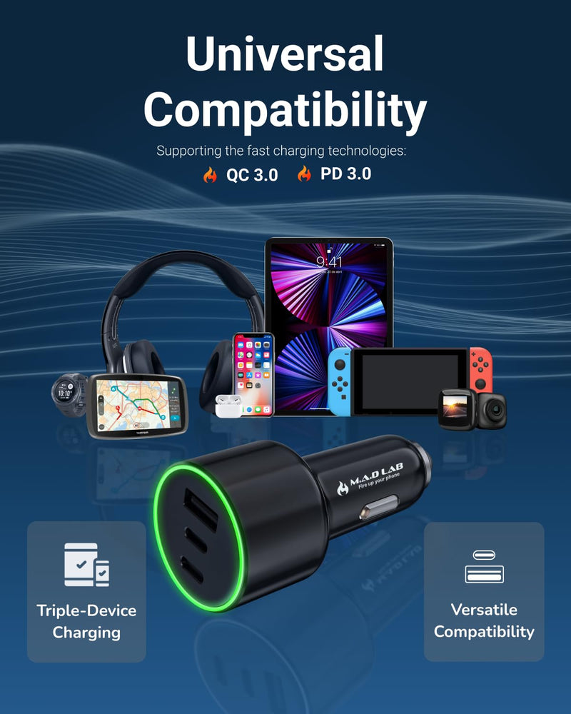 M.A.D LAB 84W 3-Port Fast Car Charger, Dual 33W USB-C and 18W USB-A | Cigarette lighter USB charger with PD and QC 3.0 fast charging for iPhone 17-13, Samsung Galaxy, iPad, Android and Switch 2026