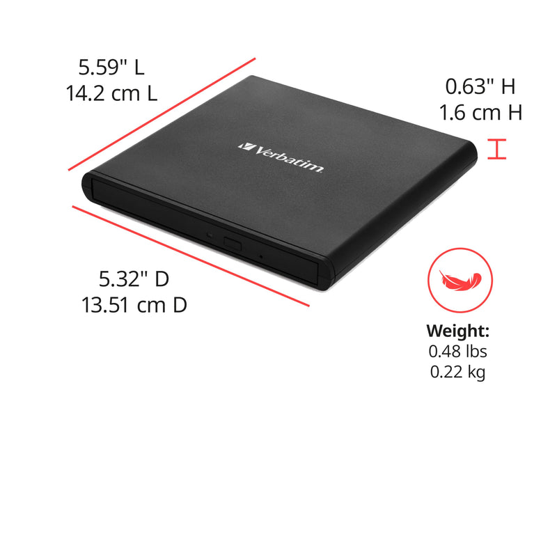 Verbatim Slim External Burner CD/DVD +/-RW Optical Drive USB 2.0 with USB A to USB C Adapter and M-DISC Support - Mac & PC Compatible Nero Burn & Archive Software Included (Windows only) 0.6" x 5.6" x 5.3"