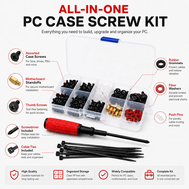 Computer Screws Assortment Kit with Screwdriver and Standoffs | Assorted PC screws, motherboard standoffs, and screwdriver for GPU, HDD, SSD, fan, PSU, and case repair