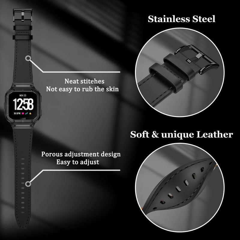 BAITEYOU Leather Bands with Stainless Steel Case Compatible with Fitbit Versa 1 2 3 4 Lite Sense 2 1 Protective case for men Black/Black Case
