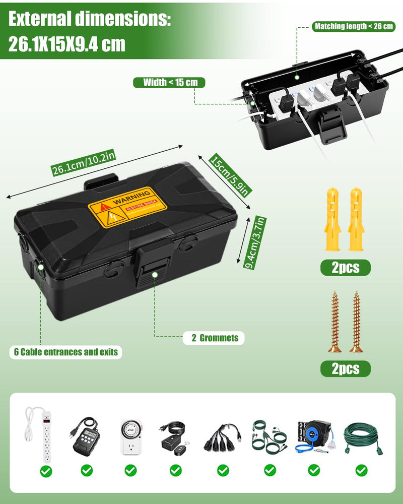 Waterproof Cable Box, 26.1 x 15 x 9.4 cm, Outdoor Cable Safe Box, Cable Box, Cable Box, 6 Cable Inputs and Outputs, Weatherproof Connection Box Covers, Protect Socket, Timer, Holiday Light, Black black + 26 x 15 x 9.4 cm