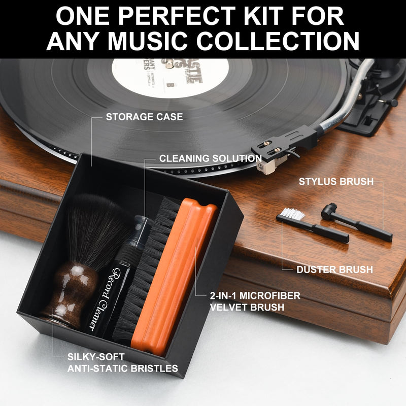 6-in-1 Vinyl Record Cleaning Kit | Vinyl Record Cleaner Kit – Includes 2in1 Velvet Microfiber Brush, Soft Antistatic Nano Fiber Brush, Cleaning Liquid, Duster & Stylus Brush, Storage Box, for Records 6PCS