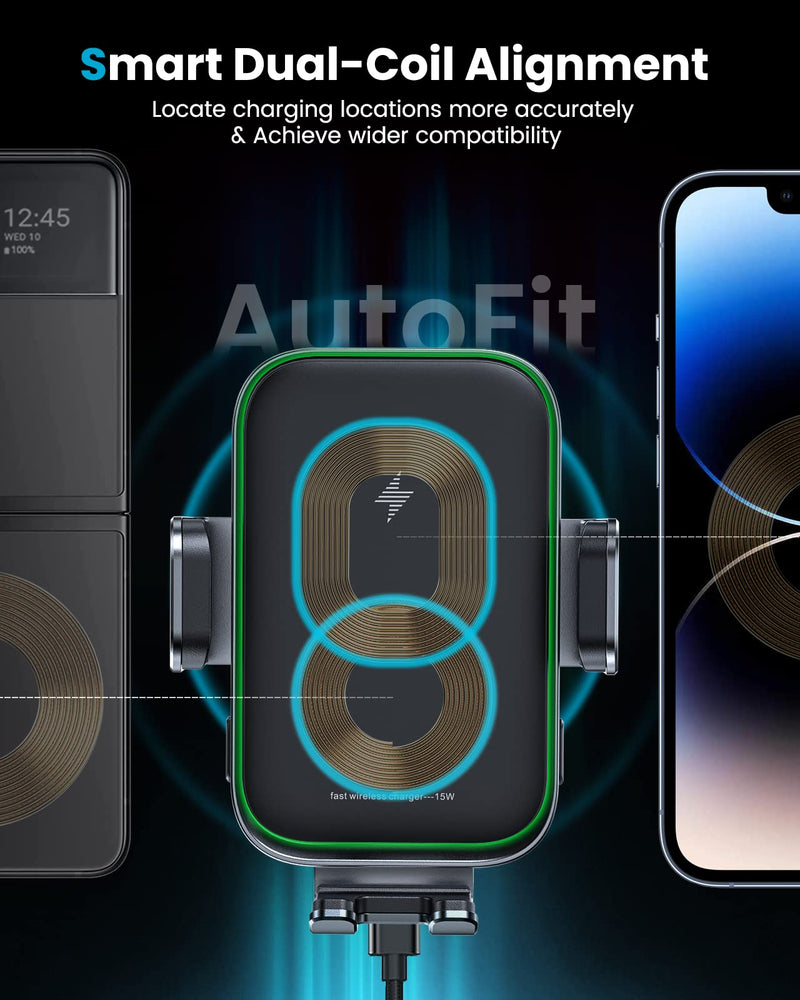 APPS2Car 15W Wireless Car Charger Cup Holder, Dual Coil, Auto Clamping | Tri-Pivots Height Adjustable Fast Charge Phone Wireless Charging Mount for Cars SUVs Trucks, for iPhone 12-17, Samsung, etc.