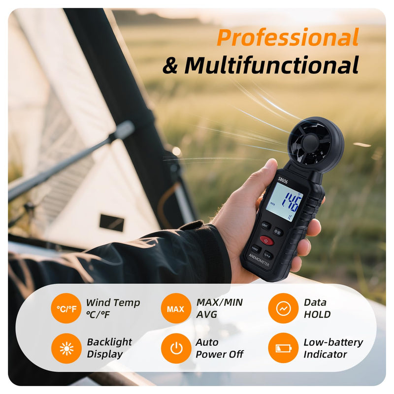 Tolesum 3 in 1 Digital Wind Gauge, Handheld Anemometer with Measurement of Wind Speed, Temperature, Windchill Wind Speed Meter Gauge for Surfing/Drone/HAVC/Sailing