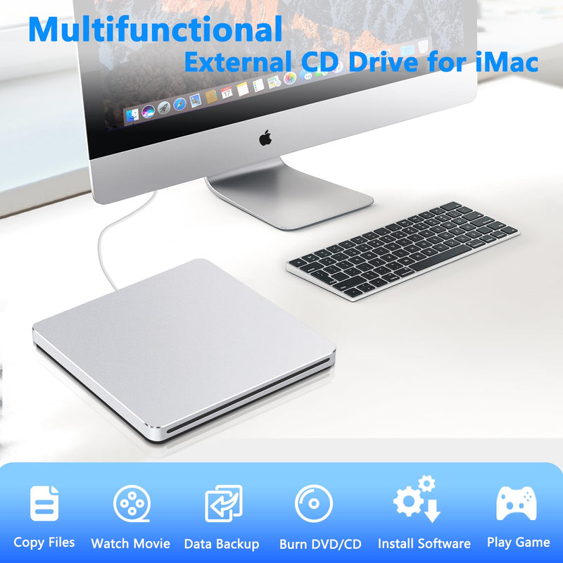 Guamar USB Superdrive for Apple Mac: Slim CD Burner Reader Aluminum Silver | Slot-in Portable DVD Player for MacBook Air/Pro/Neo,External CD/DVD Drive for Laptop PC Windows,USB C Adapter,Plug & Play Matte Silver