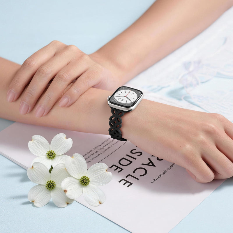 DaQin Slim Silicone Band for Apple Watch Bands for Women 40mm 38mm 41mm 42mm 44mm 45mm 49mm, Cute Thin Braided Floral Hollow-out Breathable Strap for iWatch Series 11 10 9 8 7 6 5 4 3 2 1 SE Ultra Black 38mm/40mm/41mm/42mm(series 11 10)