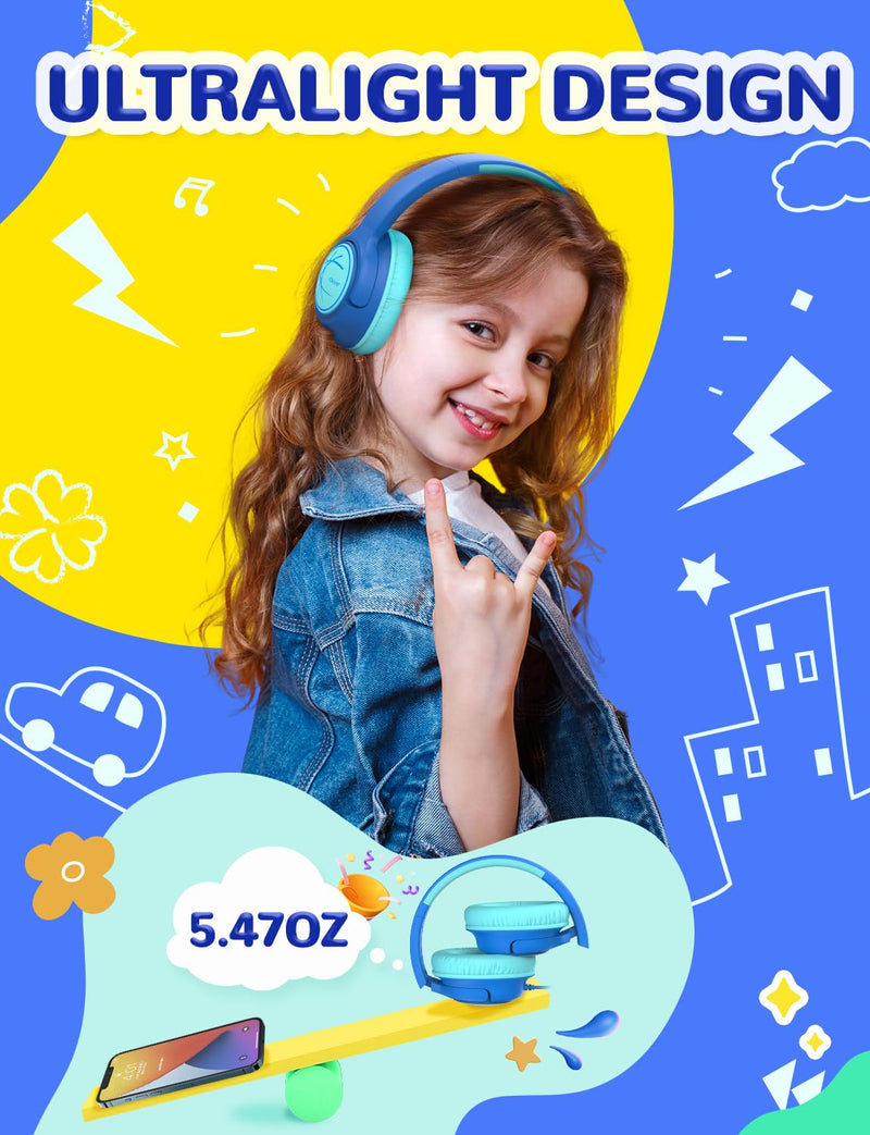 iClever Kids Headphones with Cord, 85dBA Safe Volume Wired Headphones for Kids, Stereo Sound Foldable Adjustable, 3.5mm Jack, Over Ear Kids Headphones for School/Boys/Girls/iPad/Tablet/Travel, Blue