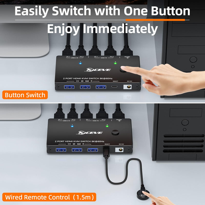 KVM Switch 1 Monitors 2 Computers 8K@60Hz,HDMI USB3.0 KVM Switches with 3 USB 3.0 Port,Wired Remote,Power Adapter and USB3.0 Cables Included Black 12 cm HDMI 2 in 1 Out