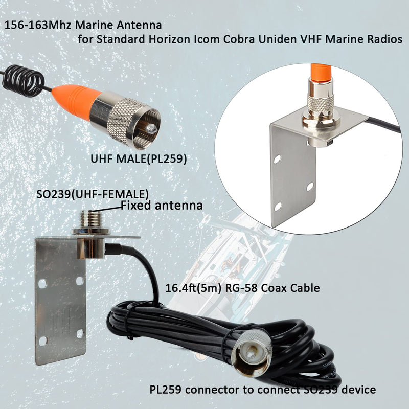 HYS VHF Marine Band (156-158 MHz)&Weather Frequencies (162 MHz) Antenna | W/16.4ft(5m) RG58 Low Loss Premium Coaxial Cable With PL259 for Standard Truck Horizon Cobra Icom VHF Marine Mobile Radio