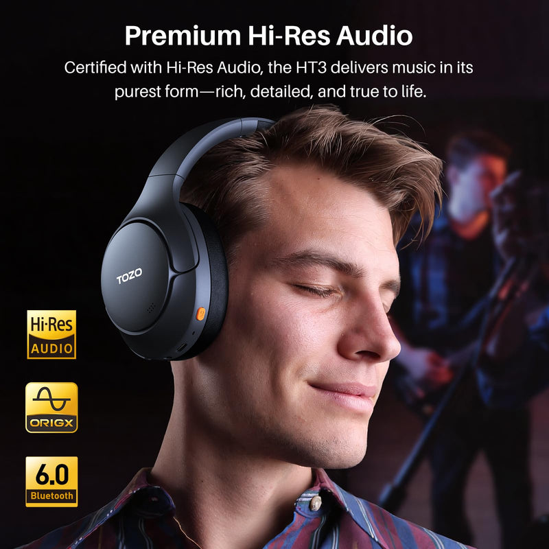 TOZO HT3 Hybrid Noise Cancelling Wireless Headphones, 90H Over Ear Headset | Hi Res Audio, AI Voice Assistant, Dual Device Connection, 32 Custom EQs, Built In 5 Mics, ANC, Foldable with Case Black Headphones with Case