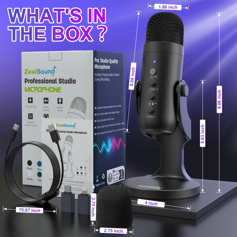 ZealSound USB Microphone,Condenser Computer PC Mic,Plug&Play Gaming Microphones for PS 4&5.Headphone Output&Volume Control,Mic Gain Control,Mute Button Vocal,YouTube Podcast on Mac&Windows(Black) Black