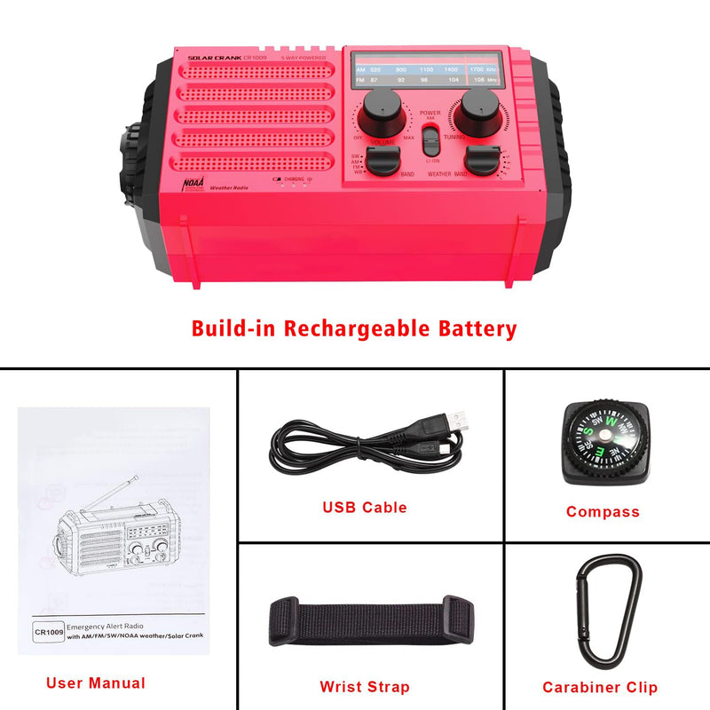 5000mAh Weather Alert Radio, AM/FM/SW/NOAA Radio, Solar Hand Crank Portable Survival Emergency Radio,Rechargeable Battery Power Bank USB Cellphone Charger,Camping Flashlight Lantern,SOS Alarm,Compass Red